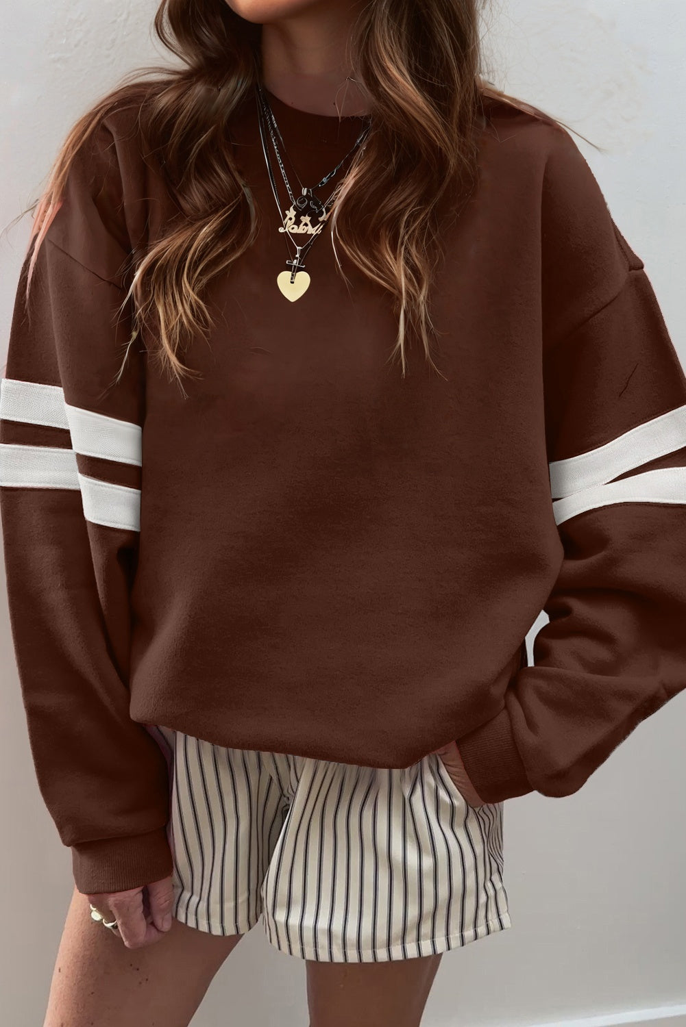 Light French Beige Varsity Striped Detail Drop Shoulder Oversized Sweatshirt