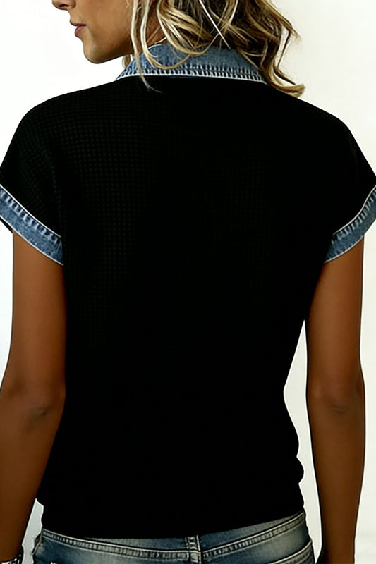 Black Textured Knit Denim Color Block Patchwork Collar Button Down Shirt