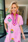Pink Floral Print Short Sleeve Colorblcok Trim V Neck Midi Dress