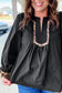 Black Plus Size Split Neck Leopard Trim Flounced Long Sleeve Blouse