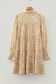 Yellow Floral Print Frilly Trim Smocked Cuff Long Sleeve Loose Shirt Dress