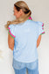 Beau Blue Color Contrast Ruffled Sleeve Collared V Neck Blouse