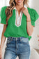 Bright Green Ricrac Trim Color Block Patchwork Shirt Collar Short Sleeve Blouse