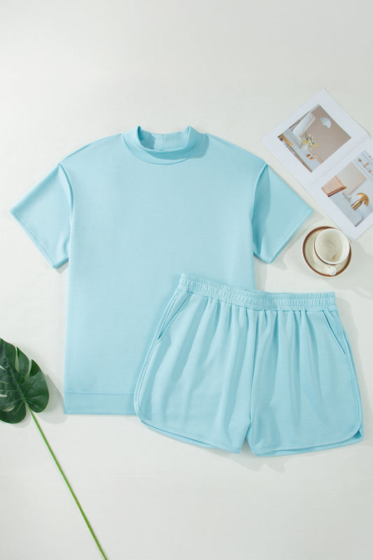 Mist Blue Solid Color Mock Neck Half Sleeve Top Plus Size 2pcs Short Set
