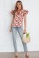 Pink Floral Print Contrast Trim V Neck Double Ruffled Short Sleeve Blouse