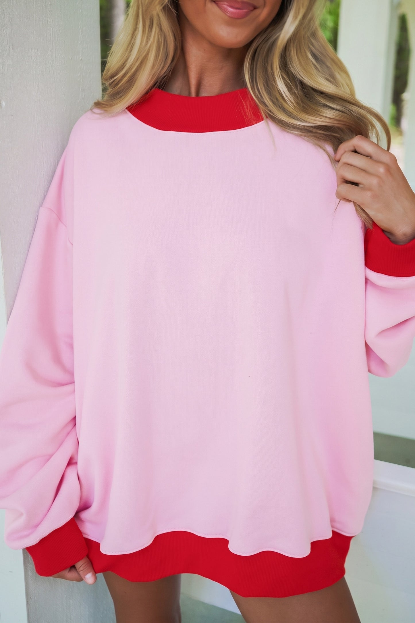 Coffee Colorblock Trim Crewneck Long Sleeve Pullover Sweatshirt