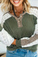 Dark Khaki Twisted Ribbed Leopard Lace Contrast Patchwork Long Sleeve Top