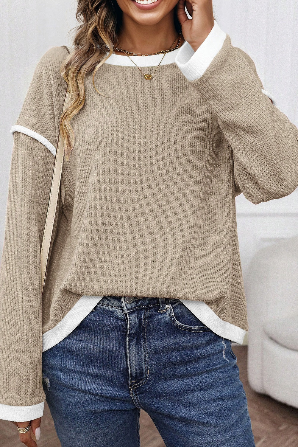 Light Pink Contrast Color Trim Knit Drop Shoulder Loose Top