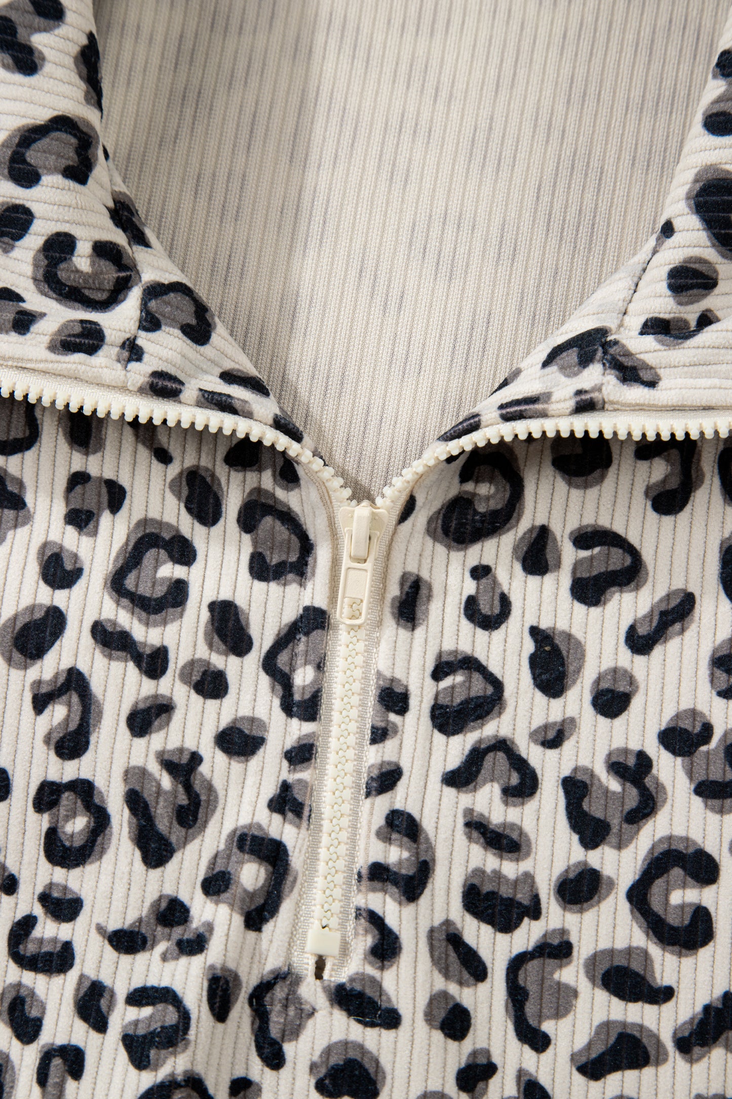 Brown Leopard Print Quarter Zip Corduroy Sweatshirt