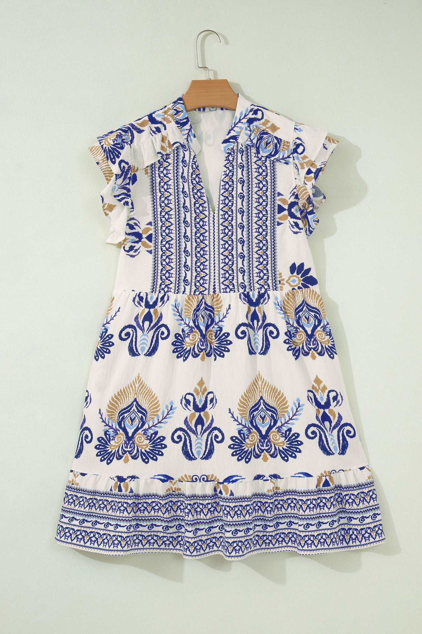 Blue Boho Western Floral Printed Split Neck Ruffled Sleeve Mini Dress