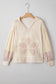 Pink Floral Patched Waffle Textured Colorblock V Neck Casual Hooded Top