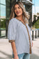 Pink Stripe Leopard Trim V Neck Button Down Half Sleeve Shirt