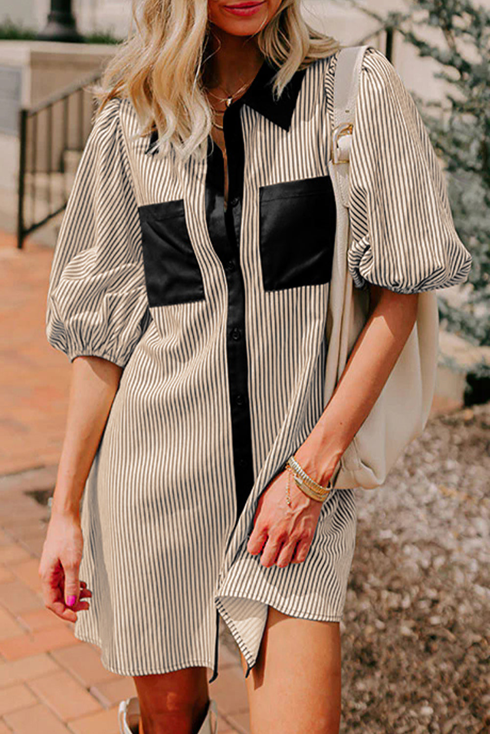 Sky Blue Stripe Color Block Patchwork Shirt Collar Button Down Puff Sleeve Mini Dress