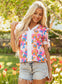White Floral Colorblock Striped Edge V Neck Knotted Short Sleeve Blouse