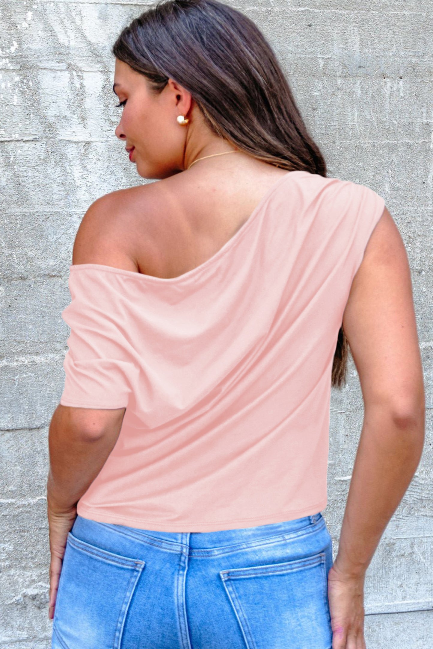 Black Plus Size Solid Color Asymmetric Neck Short Sleeve Blouse