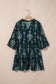 Sky Blue Boho Floral Print Lettuce Trim 3/4 Sleeve Mini Dress