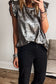 Silvery Metallic Round Neck Ruffle Trim Sleeveless Top