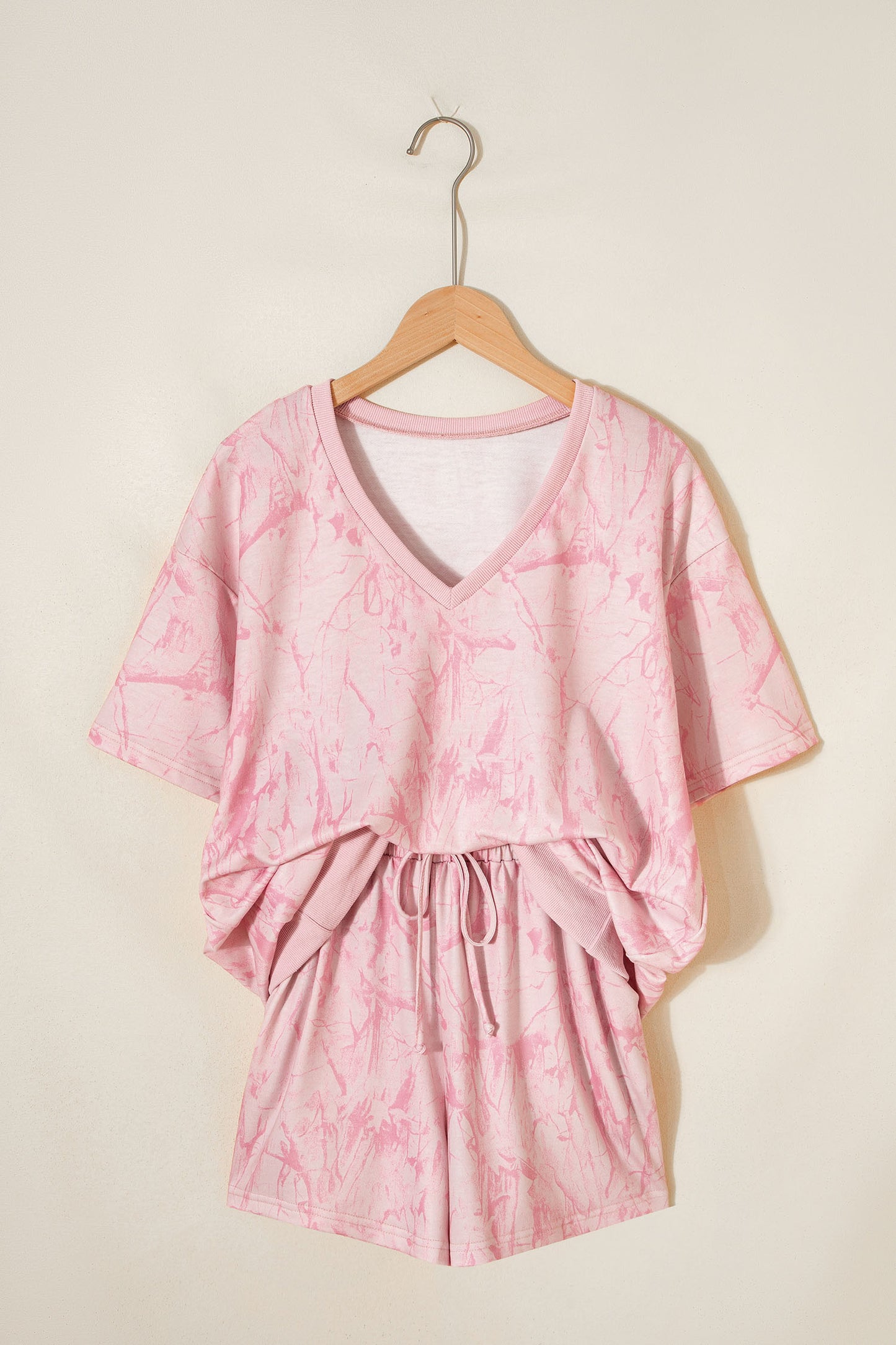 Pink Abstract Print V Neck Loose Tee Drawstring Shorts 2pcs Outfit