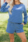 Blue Stripe Drop Shoulder Long Sleeve Pullover Elastic Waist Casual Short Set