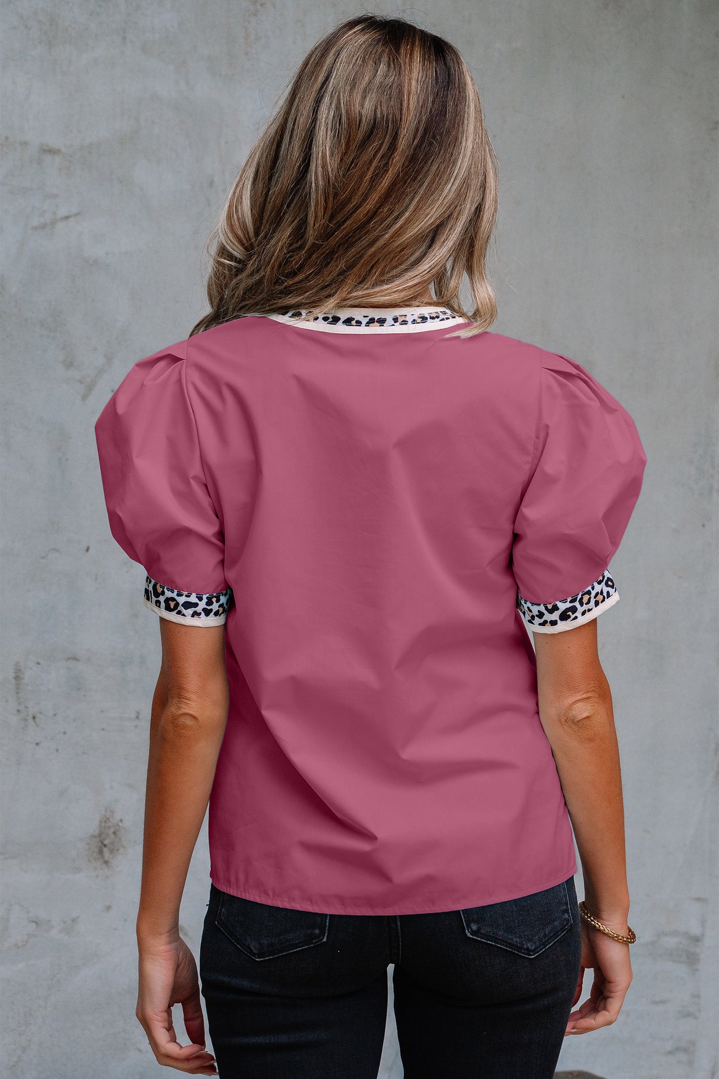 Buckskin Contrast Leopard Trim Split Neck Puff Sleeve Blouse