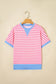 Pink Stripe Contrast Trim Loose Short Sleeve Top