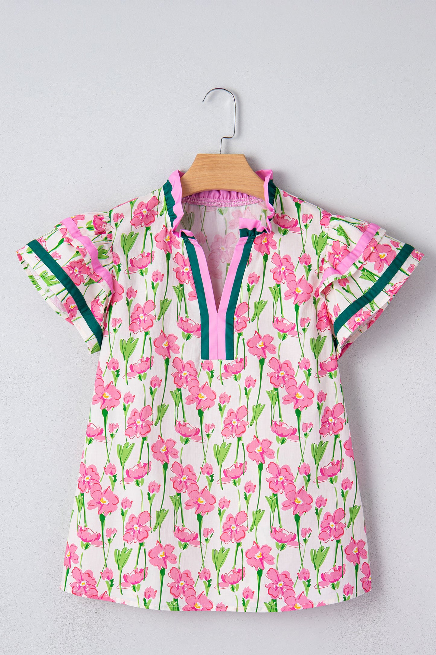 Pink Floral Print Contrast Trim V Neck Double Ruffled Short Sleeve Blouse