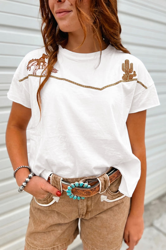 White Western Fashion Embroidered Casual Tee