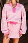 Pink Stripe Collared V Neck Drop Shoulder Pullover and Skort 2pcs Outfit