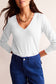 Black Solid Color V Neck Long Sleeve Stretchy Top