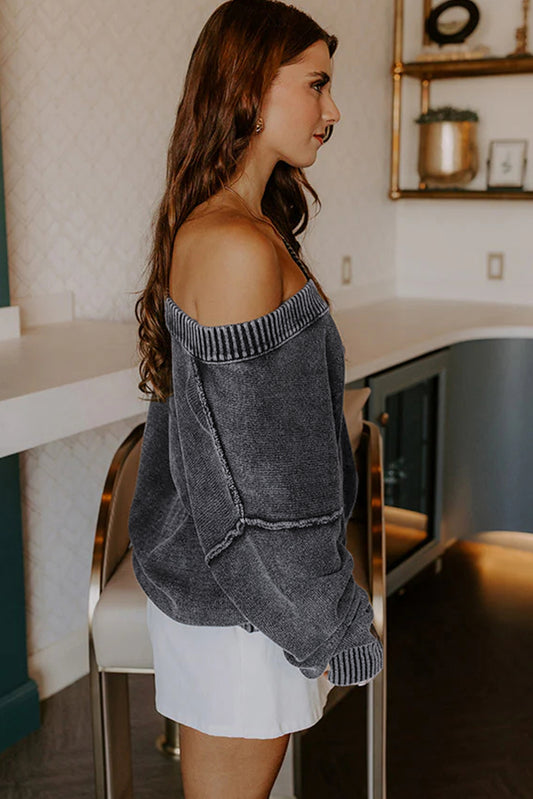 Black Mineral Wash V Neck Knit Exposed Seam Drop Shoulder Loose Sweater