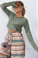 Sage Green Solid Color Waffle Ribbed Lace Patchwork Long Sleeve Top