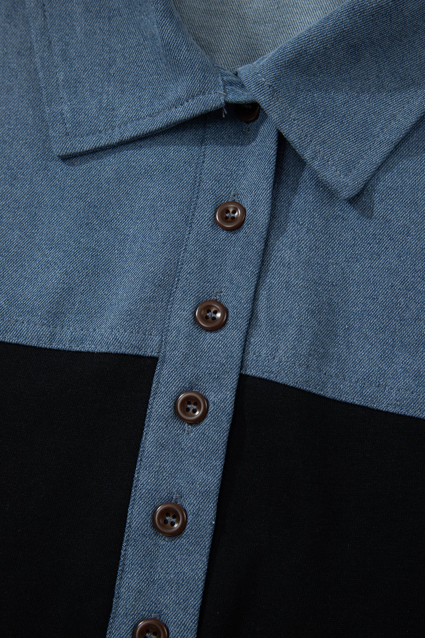 Black Color Block Denim Patchwork Button Polo Collar Short Sleeve Top