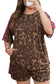 Brown Retro Leopard Print Contrast Varsity Stripe Trim Plus Size 2pcs Short Set