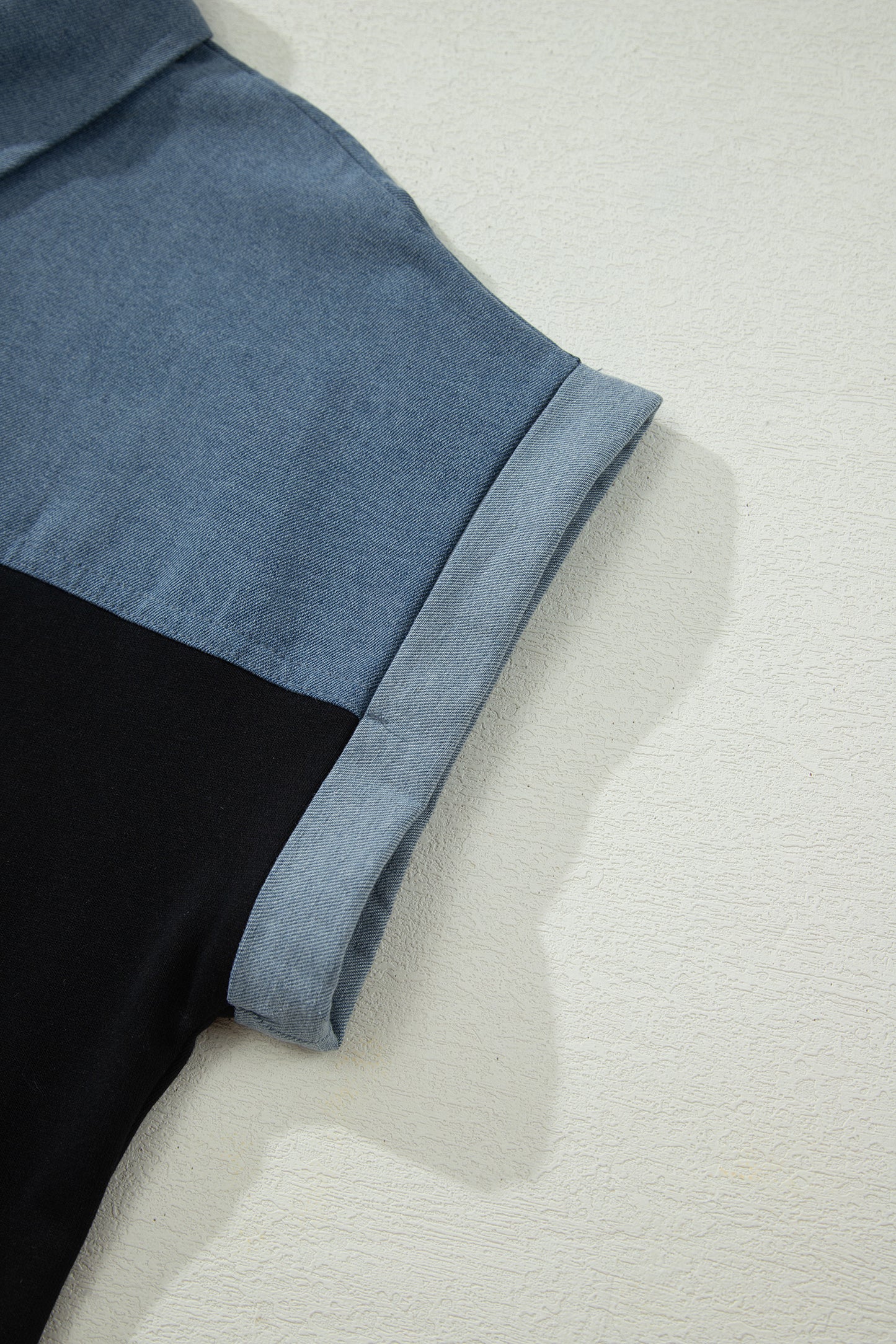 Black Color Block Denim Patchwork Button Polo Collar Short Sleeve Top