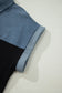 Black Color Block Denim Patchwork Button Polo Collar Short Sleeve Top
