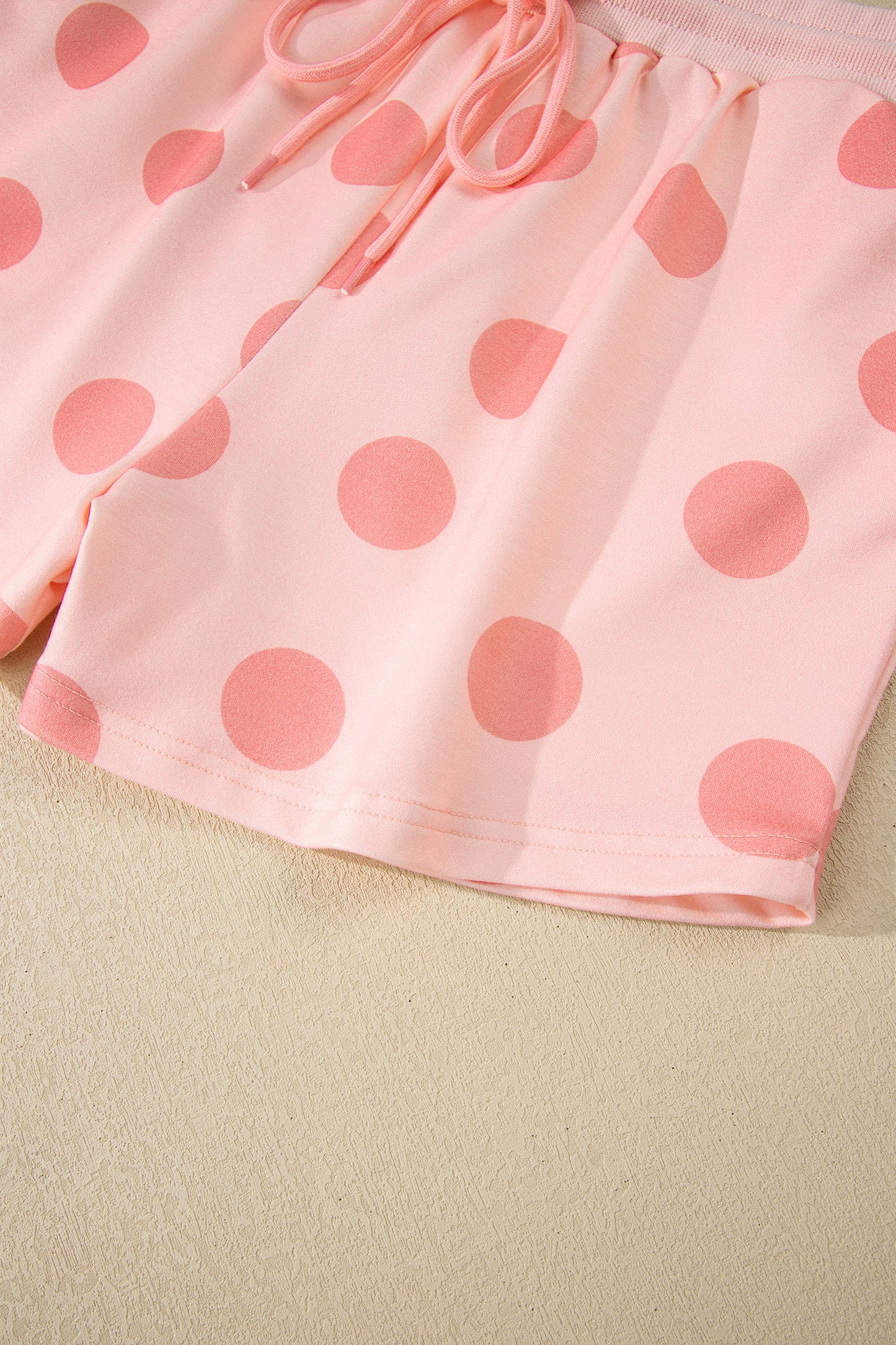 Sky Blue Polka Dot Print Drop Shoulder Pullover Drawstring Shorts Set