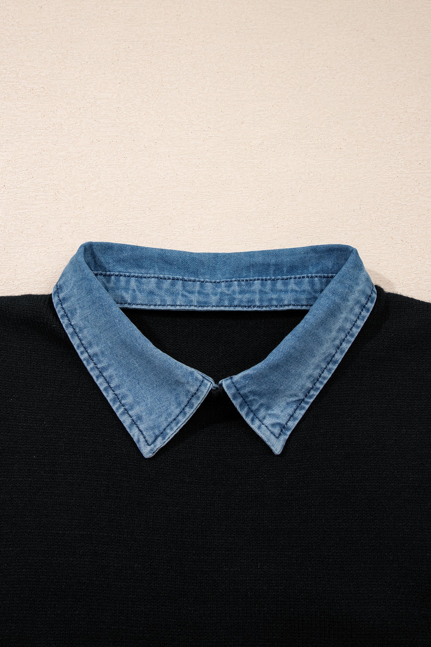 Black Solid Color Knit Contrast Denim Patchwork Collar Sweater Vest