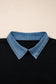 Black Solid Color Knit Contrast Denim Patchwork Collar Sweater Vest