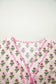 Pink Floral Print V Neck Scallop Trim Button Front Short Sleeve Long Dress