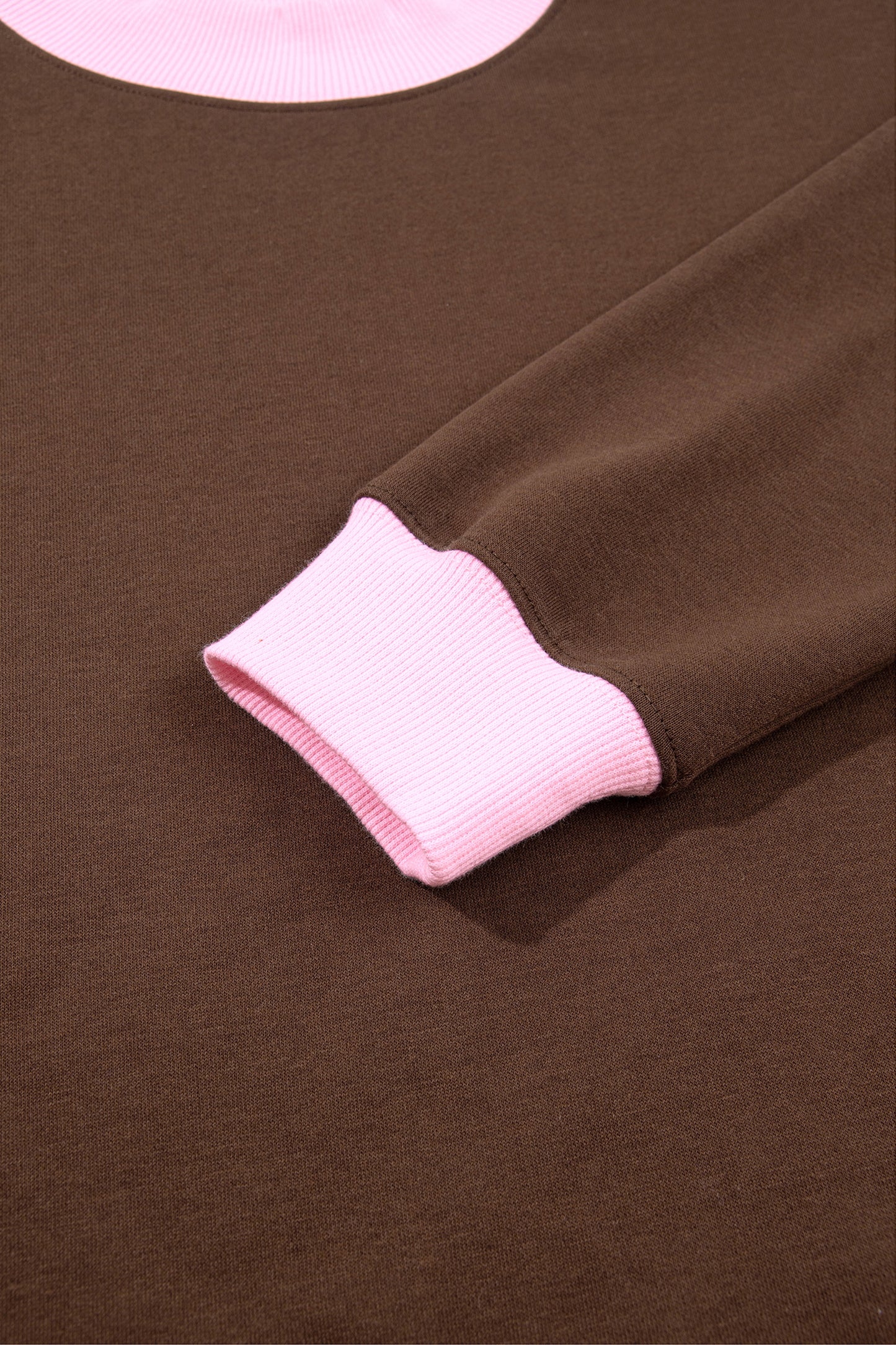 Coffee Colorblock Trim Crewneck Long Sleeve Pullover Sweatshirt