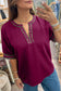 Red Dahlia Contrast Leopard Trim V Neck Short Sleeve Blouse