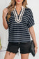 Black Stripe Stand Collar V Neck Elastic Cuffs Half Sleeve Dolman Top