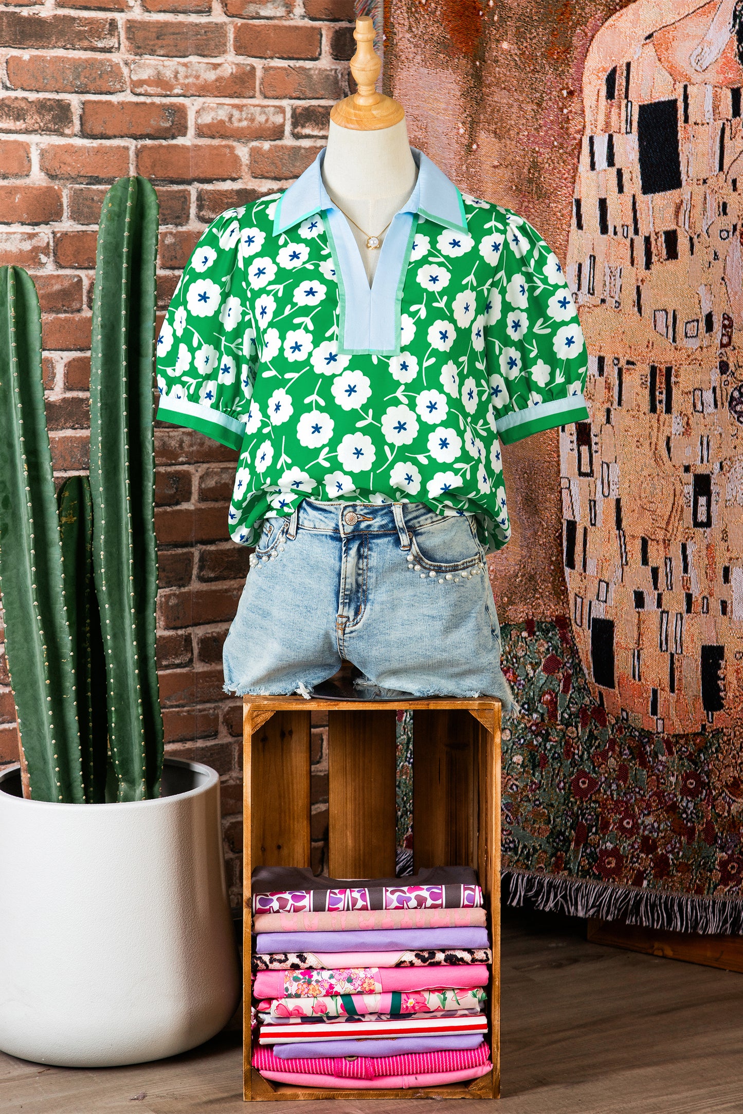 Green Flower Printed Contrast Patchwork Collar Short Sleeve Blouse