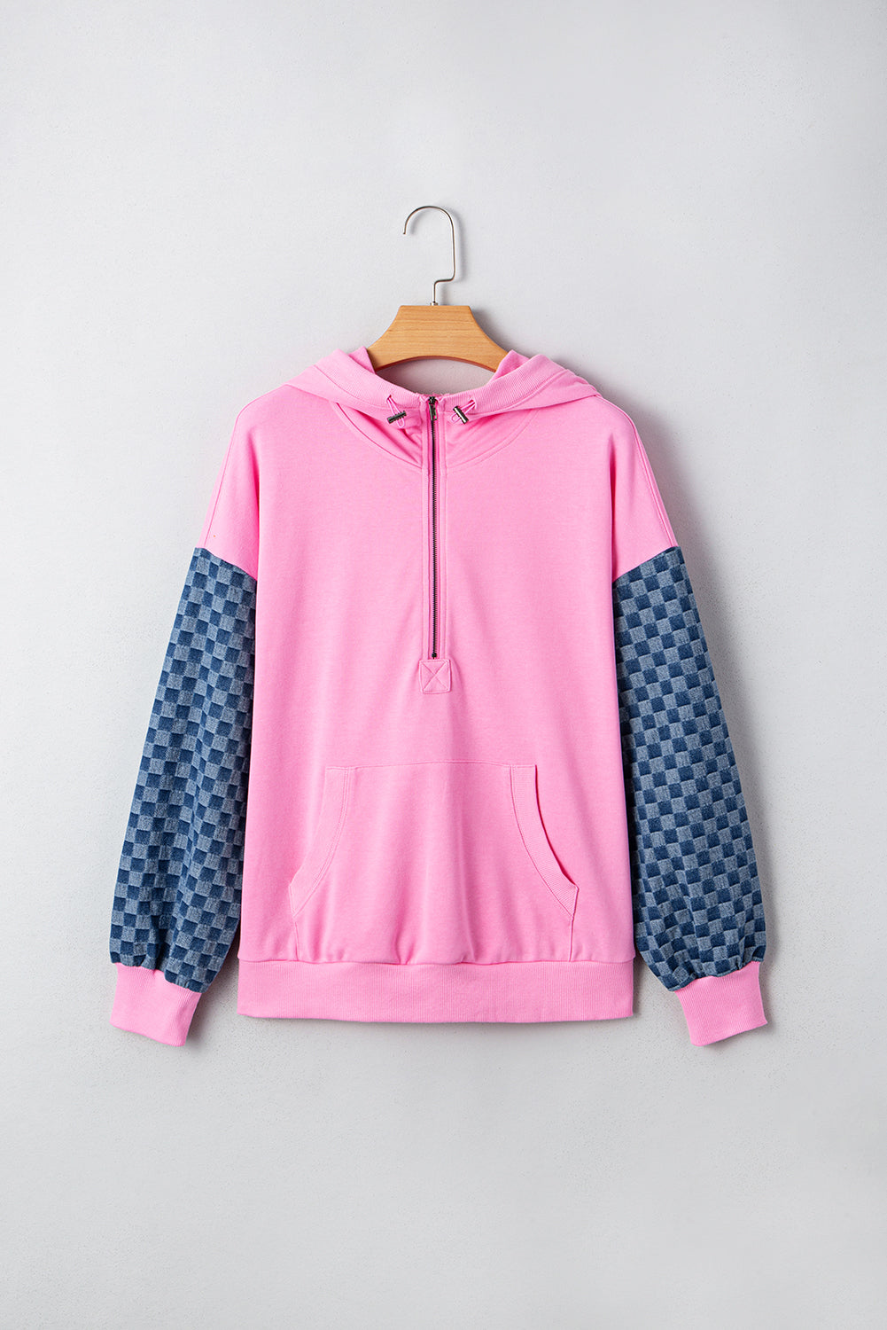 Parchment Checkered Patchwork Kangaroo Pocket Half Zipper Hoodie