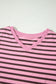 Rose Stripe Striped V-Neck Ribbed Collar Cuff Gathering Puff Sleeve Top