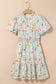 Beige Floral Print Shirred High Waist Puff Sleeve Mini Dress