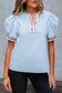 Beau Blue Contrast Leopard Trim Split Neck Puff Sleeve Blouse