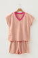 Pink Stripe Colorblock Trim V Neck Tee Drawstring Elastic Waist Short Set