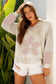 Pink Floral Patched Waffle Textured Colorblock V Neck Casual Hooded Top