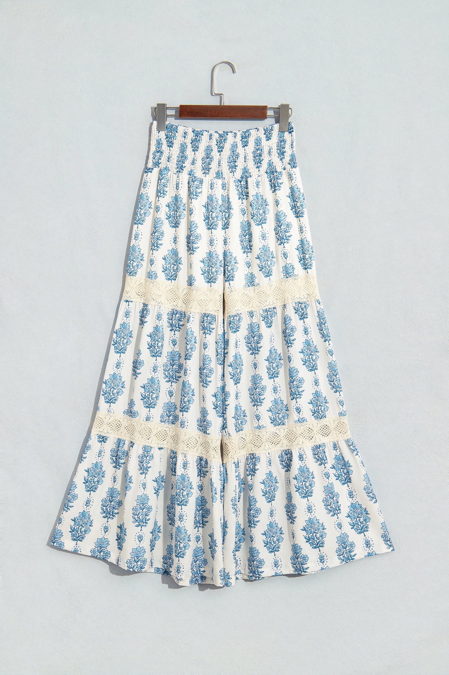 Sky Blue Floral Print Lace Patchwork Detail Wide Leg Pants